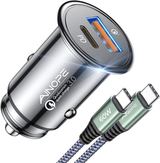 USB C Car Charger 48W Super Mini  All Metal Fast USB Car Charger Adapter PD&QC 3.0 Dual Port Compatible with Iphone 13 12 11 Pro Max X XR XS 8 Samsung Galaxy Note 20/10 S21/20/10 Google Pixel